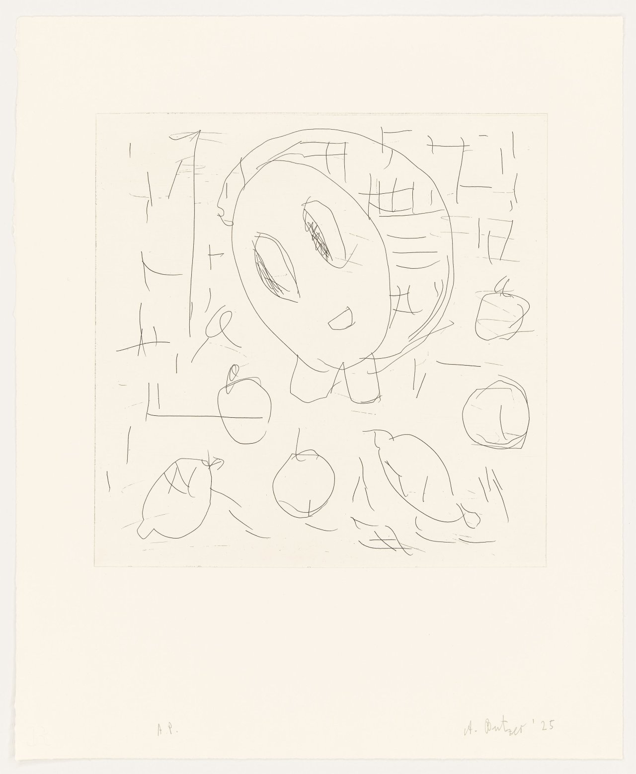 This picture shows the following artwork: André Butzer. ”Frau und Früchte II”. 2025.