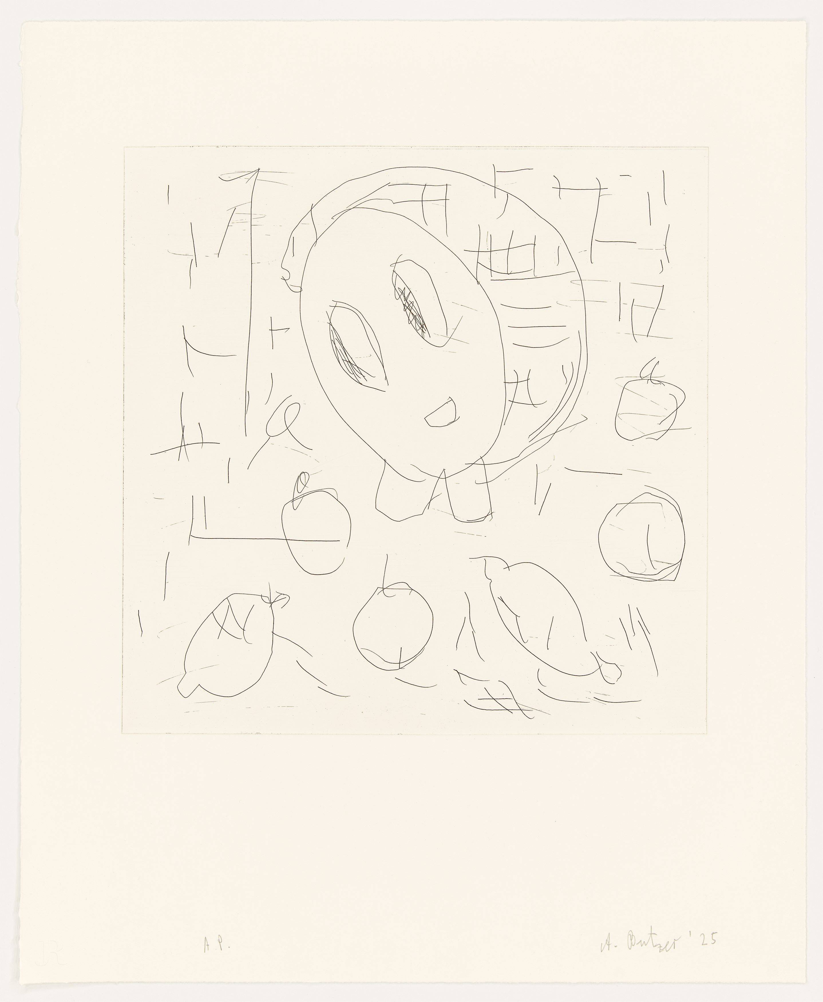 This picture shows the following artwork: André Butzer. ”Frau und Früchte II”. 2025.